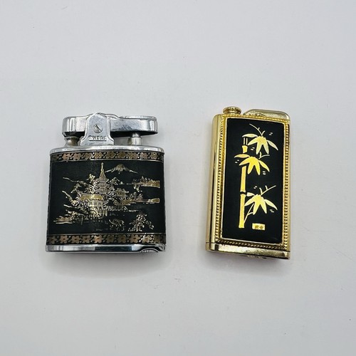 2 VINTAGE INLAID GOLD DAMASCENE LIGHTERS - OMEGA, NACON