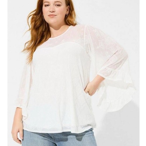 Torrid Flocked Mesh Bohemian Blouse Size 2 Lined See Thru Bell Sleeves Pullover