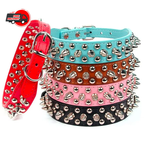 Spiked Studded Leather Dog Collar Rivets Pet Small Large Cat Pit Bull Adjustable - Foto 1 di 18