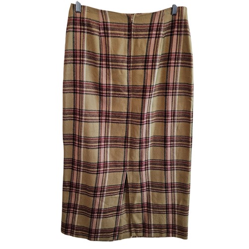 Vintage Plaid Skirt Womens Size 10 Beige 80s Midi Pencil Preppy Academia Twee - Picture 2 of 10