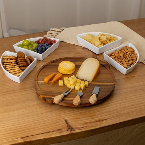 5PC Lazy Susan Serving Tray Set Wooden Acacia W/ 4 Bowls Snacks Parties New - Picture 3 of 8