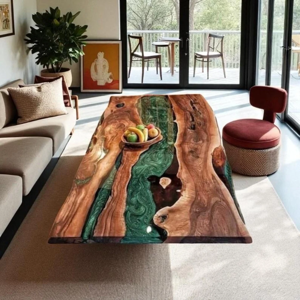 Mesa de río hecha a mano con borde vivo de madera y resina epoxi - Comedor/oficina de lujo moderno Foto 3 de 4