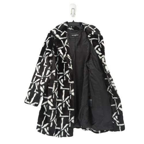 Karl Lagerfeld Paris Damen XL Monogramm Kunstfell Mantel schwarz weiß gefüttert Logo NEU - Bild 6 von 9