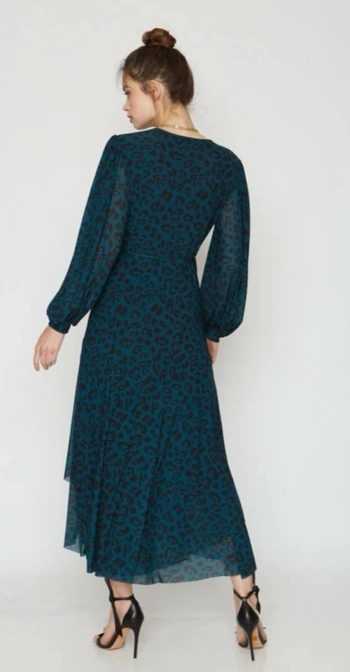 Caballero Moon Maxi Dress Medium Wrap Long Green Black Vneck Flowy Boho Leopard - Image 2 of 4