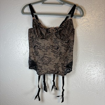 NWT FANTASIE BLACK GOLD SHEER LACE CORSET BASQUE 4 SUSPENDER Size Large 34D