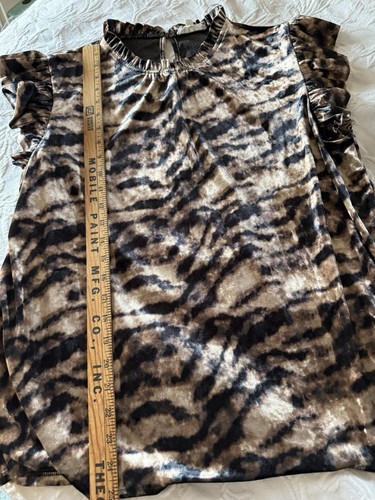Top Thml Velvet Ruffle Svolazzante Maniche Nero Champagne Taglia XL Animal Tie Dye - Foto 2 di 7