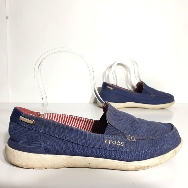 Crocs Shoes Sz 10 Navy Blue White Loafer Walu Canvas SlipOn Casual Comfort Women