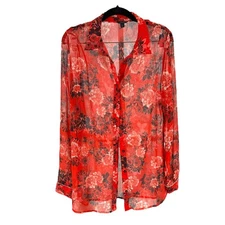 Guess Red Floral Sheer Button Up Long Sleeve Shirt Blouse Size L