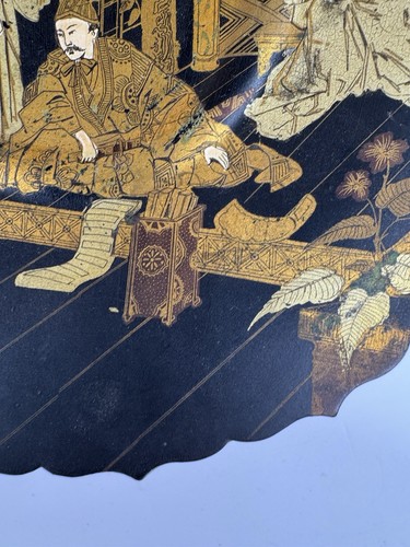 Antiguo plato maché de papel con patas “Chinoiserie” de exportación china mediados del siglo XIX - Imagen 16 de 24