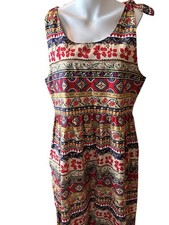 Susan Bristol Dress Jumper Sz L Red Maxi Boho Floral Tropical Shoulder Ties Vtg