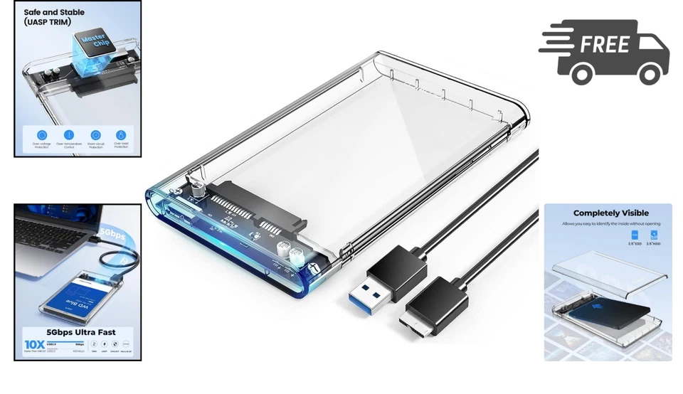 External Hard Drive Enclosure SATA III USB C Portable Clear 2.5 Inch 6TB - Image 2 of 4