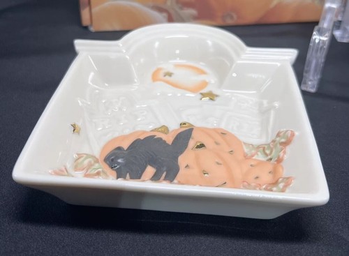 So Cute LENOX VTG HALLOWEEN TOMBSTONE TIDBIT DISH Black Cat Jack O Lantern - Picture 3 of 5