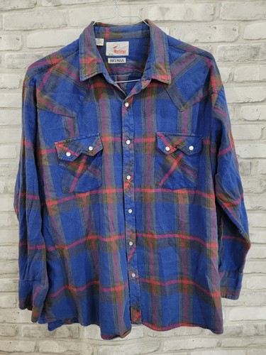 The Westerner Size XXL Pearl Snap Plaid Long Sleeve Blues Flannel Shirt - Picture 2 of 10