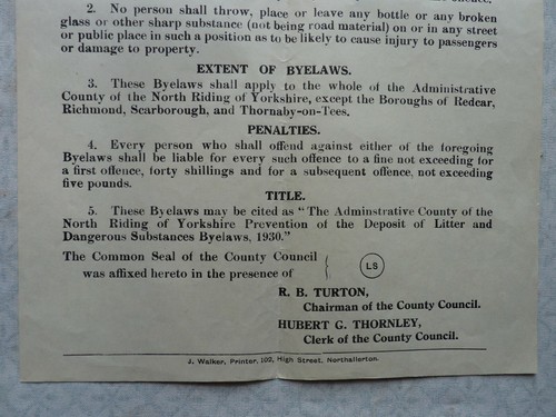 Vintage Poster North Riding Of Yorkshire Litter&Dangerous Substances Bylaws 1930 - Picture 3 of 3