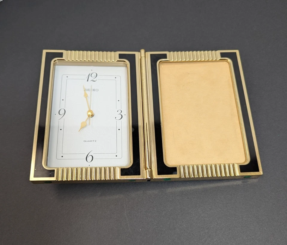 Reloj Seiko Cuarzo Dorado/Negro Escritorio/Estante/Mesa-Marco de Fotos/Vintage Foto 3 de 4