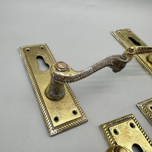 VINTAGE EDWARDIAN ROPE TWIST PATTERNED SOLID BRASS DOOR LEAVER HANDLE BACK PLATE - Picture 8 of 10