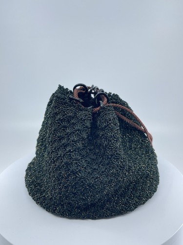 Borsa tote bag in maglia intrecciata a mano coulisse verde nero marrone colore oro accento - Foto 11 di 23