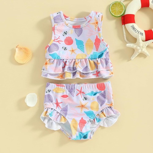 Newborn Toddler Baby Girl Swimsuit Sleeveless Beach Print Top+Shorts Summer Sets - Picture 3 of 14