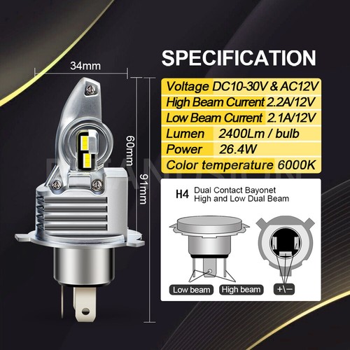 1PC Blanc 6000K H4 HS1 CSP LED Moto Avant Phare Ampoule Lampe AC/ DC 12V 2400LM - Bild 4 von 9