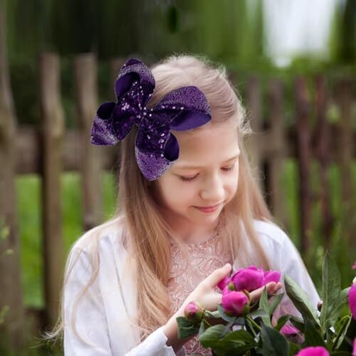 8 Inch Sparkly Glitter Sequin Hair Bows for Girls Dark Purple - Afbeelding 2 van 7
