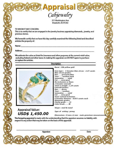 GENUINE 2.27 Cts BLUE ZIRCON/EMERALD & DIAMOND RING 10k GOLD - Free Appraisal - Picture 6 of 6