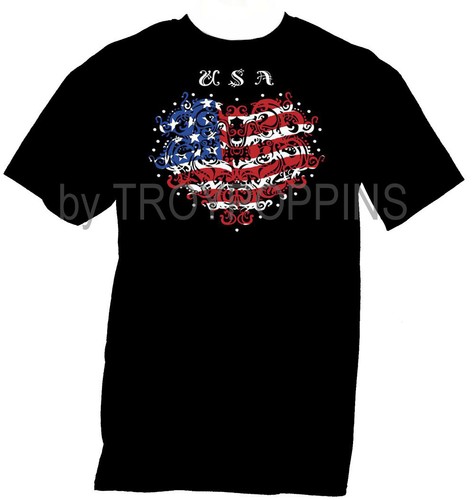 1-USA RAZZLE LOVE AMERIKANISCHE FLAGGE HERZ TATTOO ROMANTIK GRAFIK BEDRUCKTES T-SHIRT TEE - Bild 1 von 3