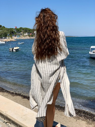 Simpuna Beige Black Striped Linen Blend Kimono with Rope Belt - Bild 3 von 6