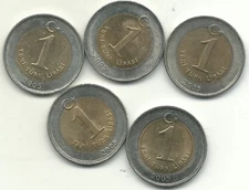 A HIGH GRADE AU/UNC LOT 5 2005 TURKEY 1 LIRA  BIMETAL COINS-DEC251