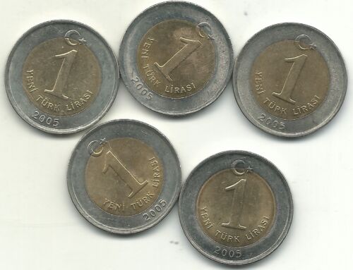 A HIGH GRADE AU/UNC LOT 5 2005 TURKEY 1 LIRA BIMETAL COINS-DEC251