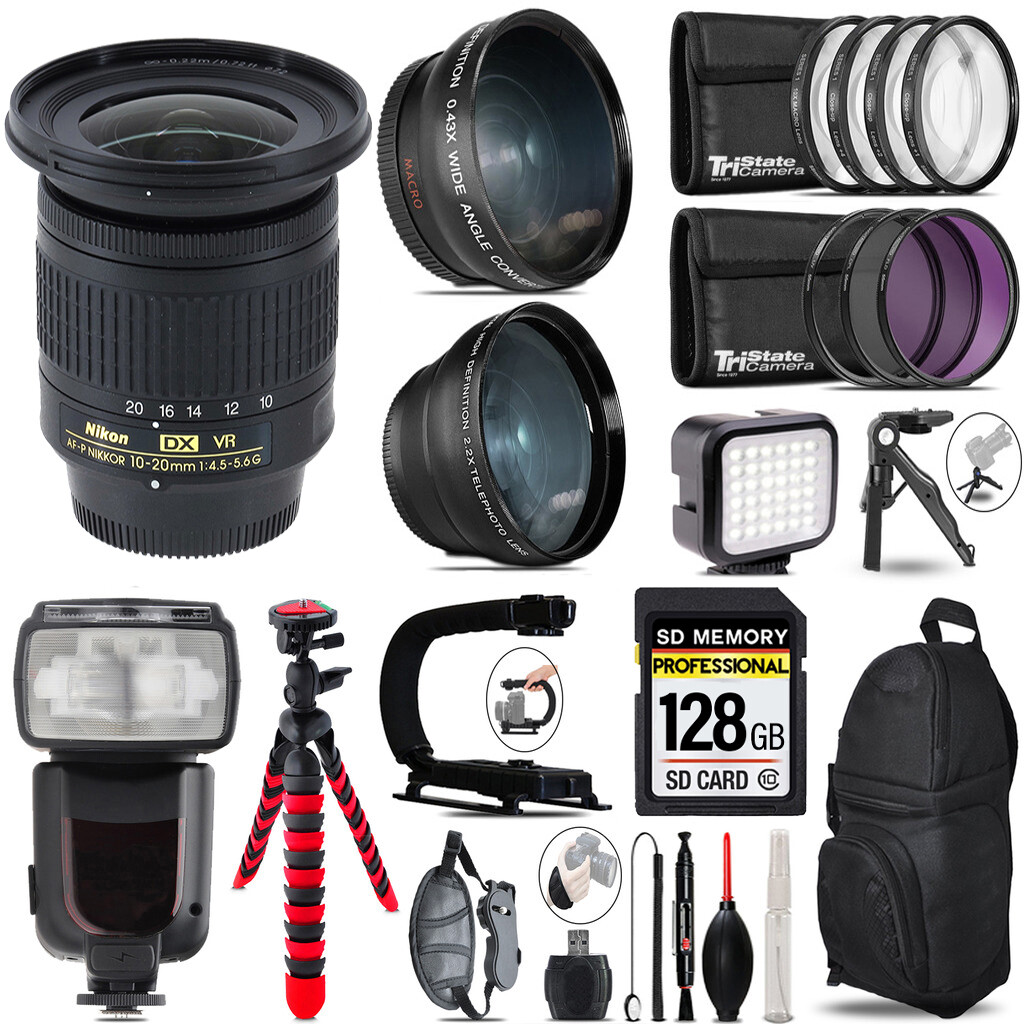 Nikon AF-P DX 10-20mm VR Lens + Pro Flash + LED Light +