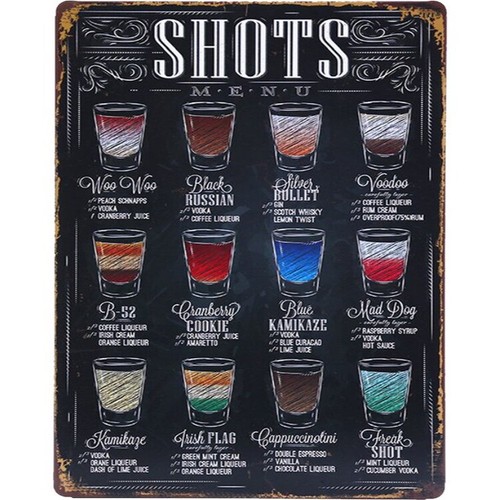 Retro Vintage Shots Recipe Menu Cocktails Bar Pub Shed Man Cave Metal Wall Sign - Afbeelding 1 van 2