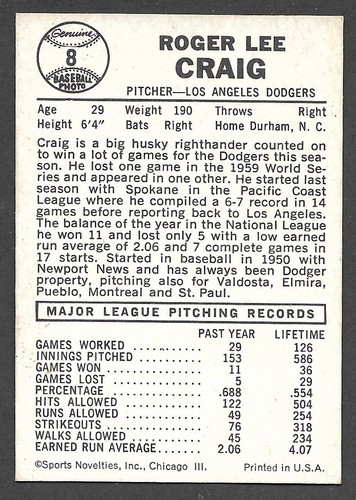 1960 LEAF SPORTS NOVELTIES #8 Roger Craig LOS ANGELES DODGERS EX+ A - Picture 2 of 2