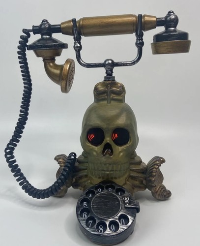 Gemmy Haunted Halloween Totenkopf sprechendes Drehtelefon drehende rote Augen gruselig - Bild 2 von 7