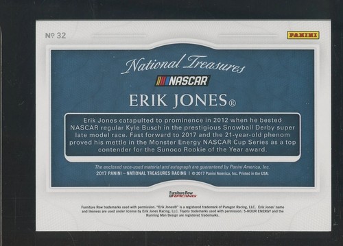 2017 National Treasures Racing #32 Erik Jones RPA RC Rookie GU Patch AUTO 11/15 - Picture 2 of 2