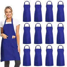 12 Pack Plain Bib Aprons with 2 Pockets - Blue Unisex Commercial Apron Bulk f...