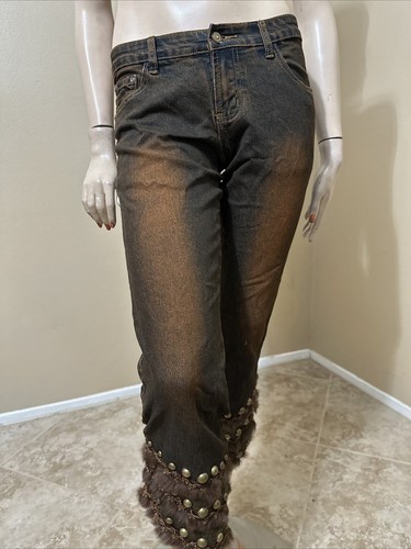 Women’s Brown Cotton Denim Casual Stretch Slim Beaded Fur Zipper Size S Capri