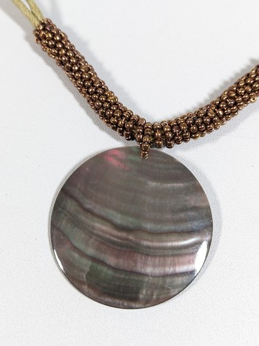 Lia Sophia Gray Round Shell Disc Green Cord Bronze bead Necklace 18 inch - Picture 3 of 7