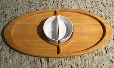 Crate & Barrel Bamboo Divided Serving Tray Chip & Dip With Porcelain Bowls