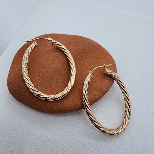 14k .585 Yellow Gold 1.5 x 1 " Oval Twist Hoop Earrings Au 2522 - Picture 2 of 5
