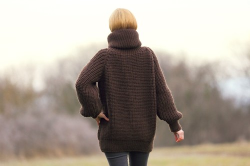 Brown thick wool sweater with extra long turtleneck SuperTanya pullover L-XL - Picture 5 of 10