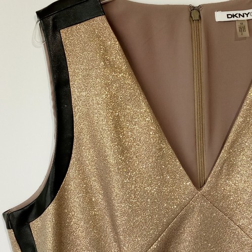 Abito da cocktail DKNY oro metallizzato taglia 12 nero rifiniture ecopelle ballo/danza - Foto 9 di 12
