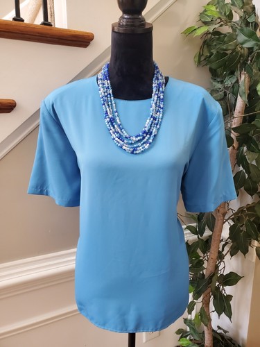 Impressions Women's Sky Blue Polyester Round Neck Short Sleeve Top Blouse Size L - Picture 2 of 9