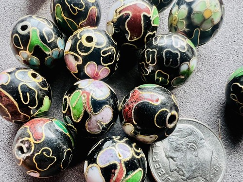15 Pcs Cloisonné 12mm Round Black Floral Beads Artisan Jewelry Making Lot - Picture 5 of 9