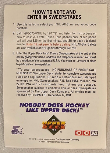 Upper Deck 1991-92 NHL All-Star Fan Ballot Philadelphia Flyers Spectrum Arena - Picture 4 of 4