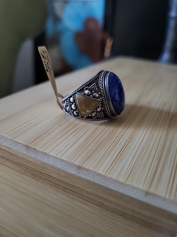 Anillo de Piedras Preciosas de Lapislázuli, 925 De Colección Raro Con Un Símbolo Paramid, Talla 10 Foto 3 de 4