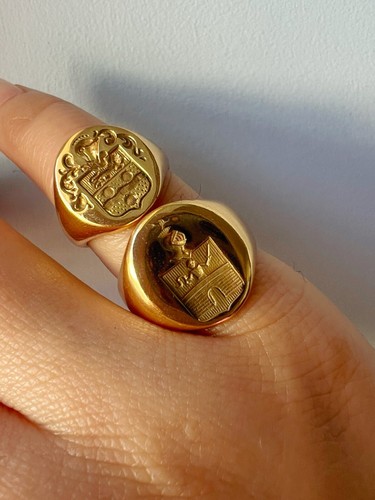French antique solid 18k yellow gold signet ring with coat of arms - Photo 6 sur 9