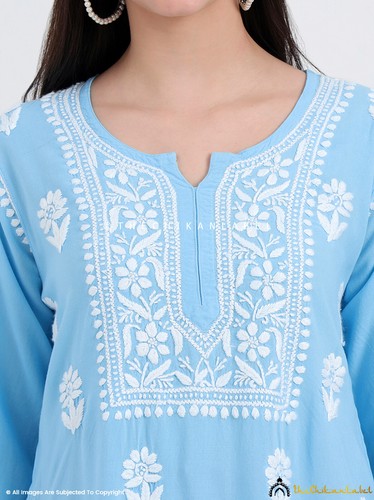 Powder Blue Hand Embroidered Chikankari Short Kurta Lucknowi Chikan Short Top - Picture 3 of 8