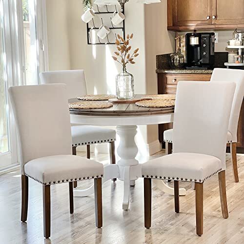 Upholstered Parsons Dining Chairs Fabric Dining Room Kitchen Set of 4 F-beige - Picture 4 of 7