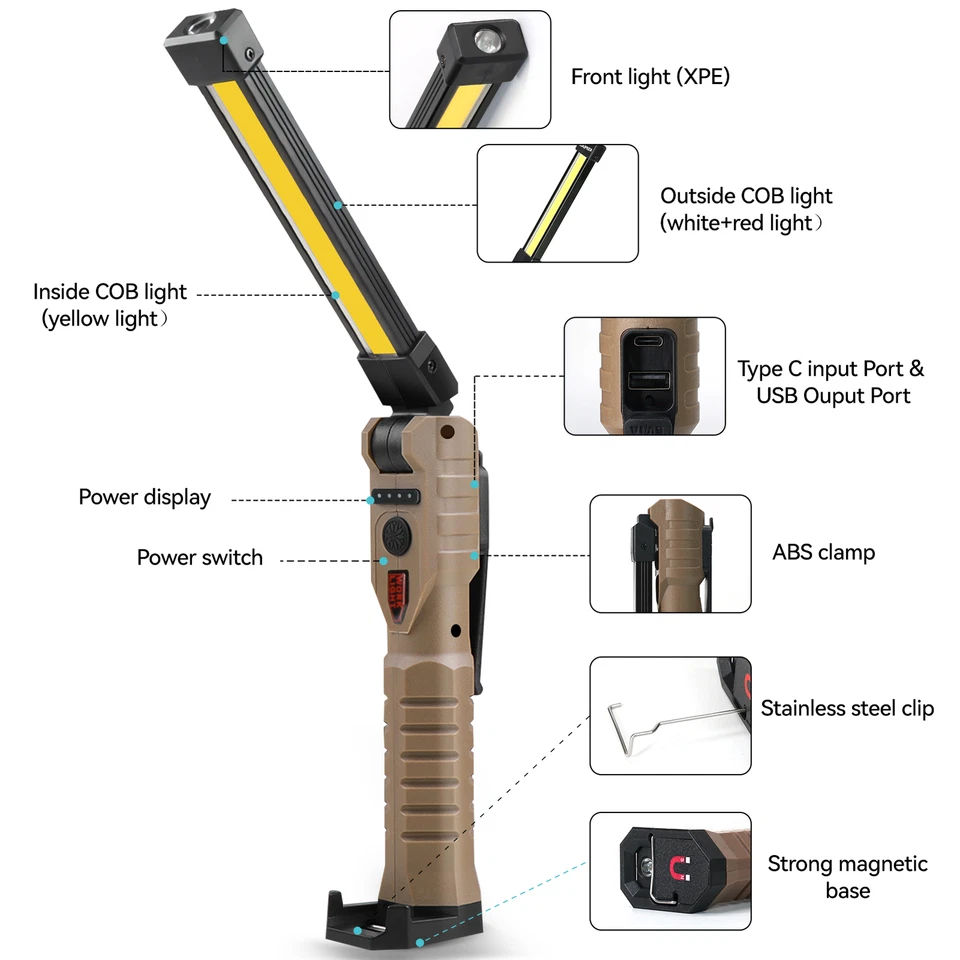 Magnetic Rechargeable COB LED RED Work Light Lamp Flashlight Folding Torch  - Image 4 of 4