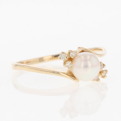5.97mm Cultured Pearl Solitaire with Diamond Accents Ring 14k Yellow Gold Size 8 - Picture 2 of 6